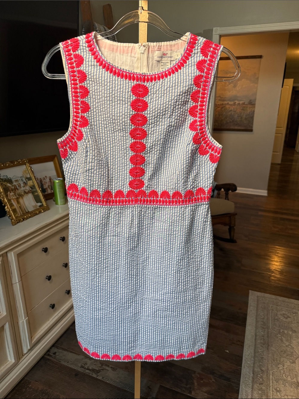Vineyard Vines White Seersucker Mini Dress with Coral Embroidery